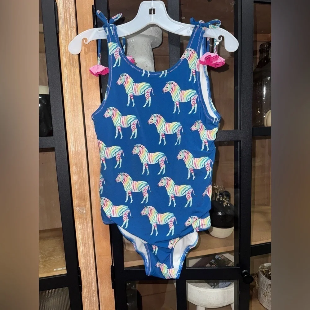 Hatley Rainbow Zebra One Piece Swimsuit tie Shoulder Bow scoop back girls